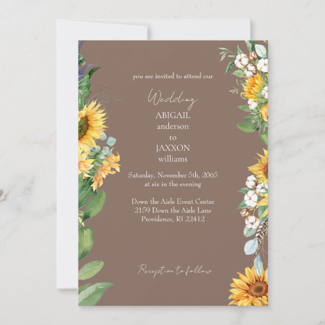 Invitación Boda marrón de girasoles color agua (Anverso)