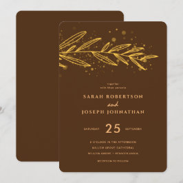 Invitación Boda marrón del follaje botánico de lujo oro