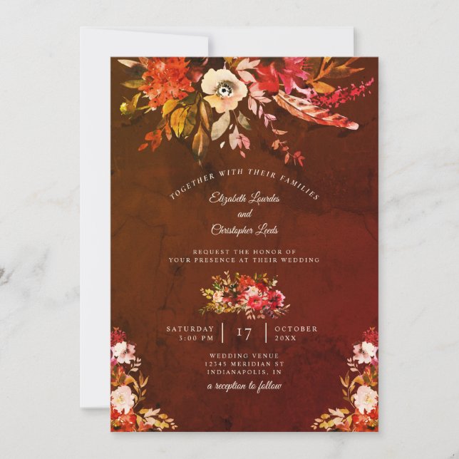 Invitación Boda marrón floral de esplendor otoñal (Anverso)