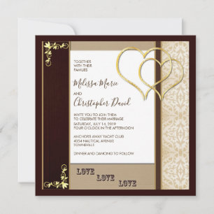 Invitación Boda marrón y dorado elegante con corazones