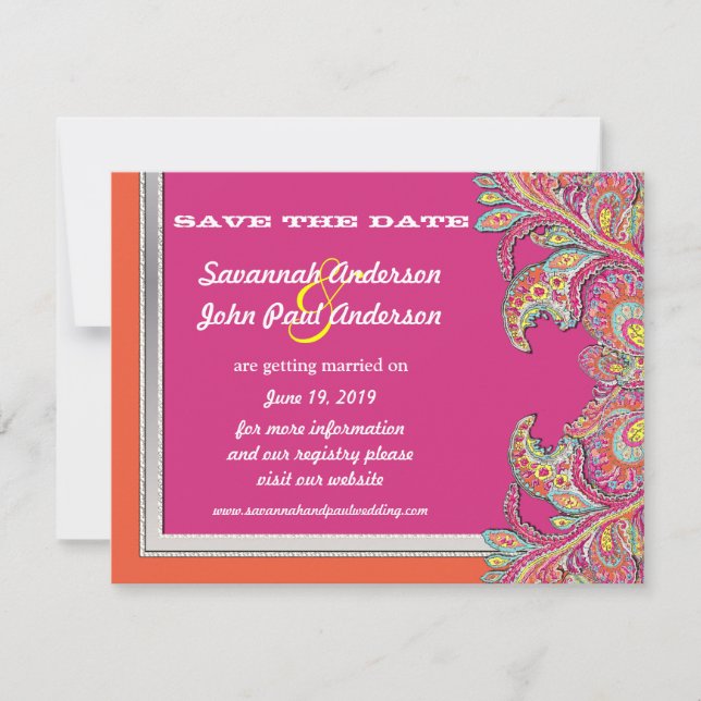 Invitación Boda marroquí de mandarina y fucsia salva la fecha (Anverso)