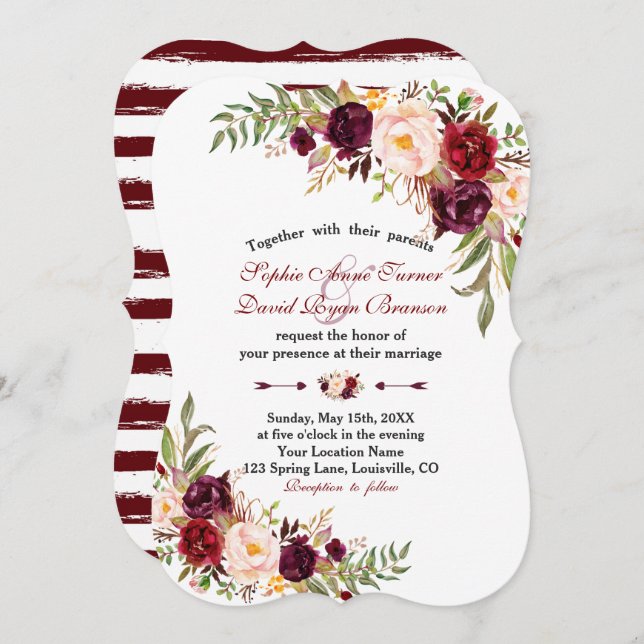 Invitación Boda Marsala Floral Burgundy Stripes (Anverso / Reverso)