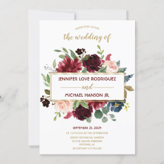 Invitación Boda Marsala Navy Blue Gold Floral Bouquet