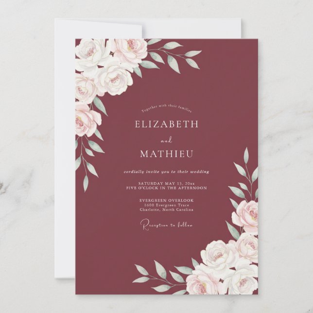 Invitación Boda Marsala Ranunculus Eucalipto Polvoriento (Anverso)