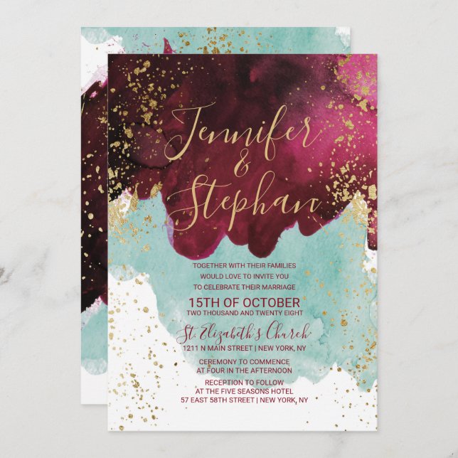 Invitación Boda Marsala Red Verde azulado Watercolor Gold Spl (Anverso / Reverso)