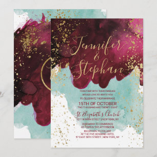 Invitación Boda Marsala Red Verde azulado Watercolor Gold Spl