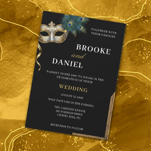 Invitación Boda Mascarada de Pavo Real Dorado y Negro Chic