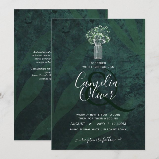 Invitación Boda Mason Jar de Gypsophila verde esmeralda LeahG (Anverso / Reverso)