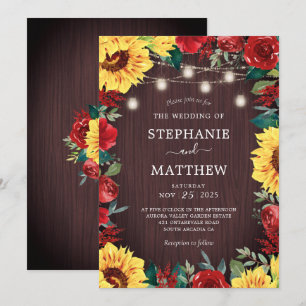Invitación Boda Mason Jar de la floral roja del girasol