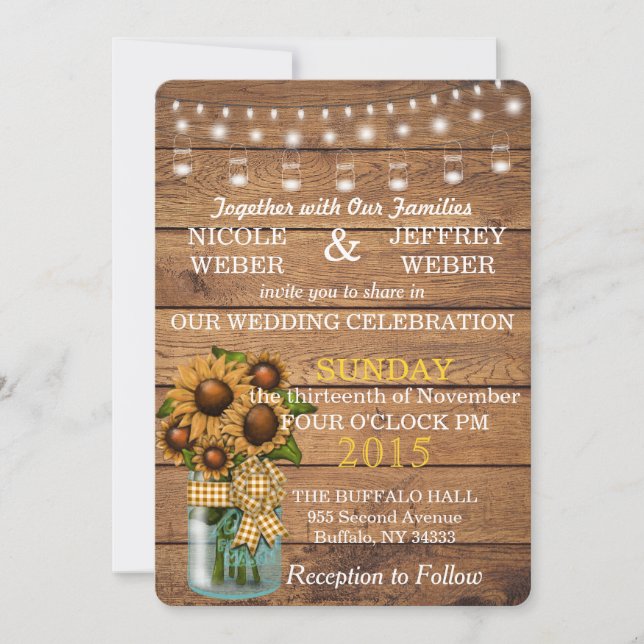 Invitación Boda Mason Jar de la Madera del País del Girasol (Anverso)