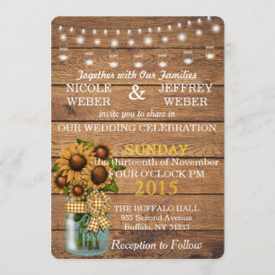 Invitación Boda Mason Jar de la Madera del País del Girasol