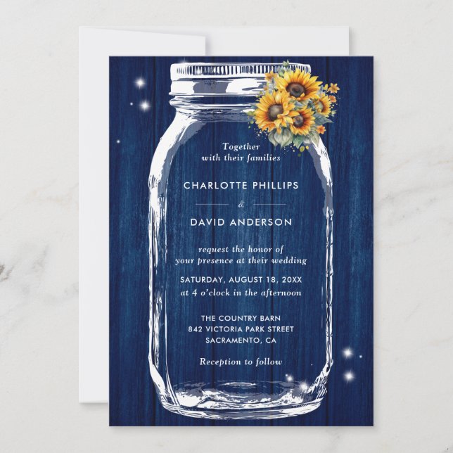 Invitación Boda Mason Jar de la Marina Rusa Blue Sunflower (Anverso)