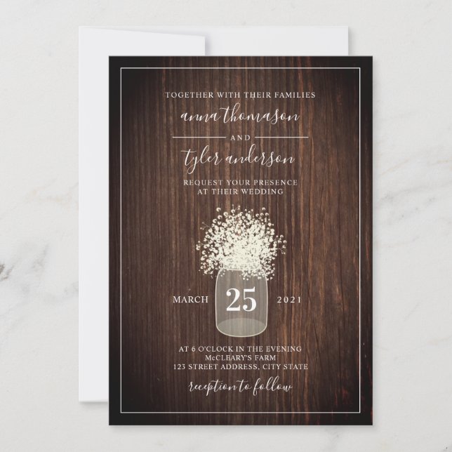 Invitación Boda Mason Jar de Madera Oscura y Respiración del  (Anverso)