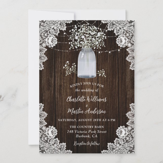Invitación Boda Mason Jar de Madera Rústica del Bebé (Anverso)
