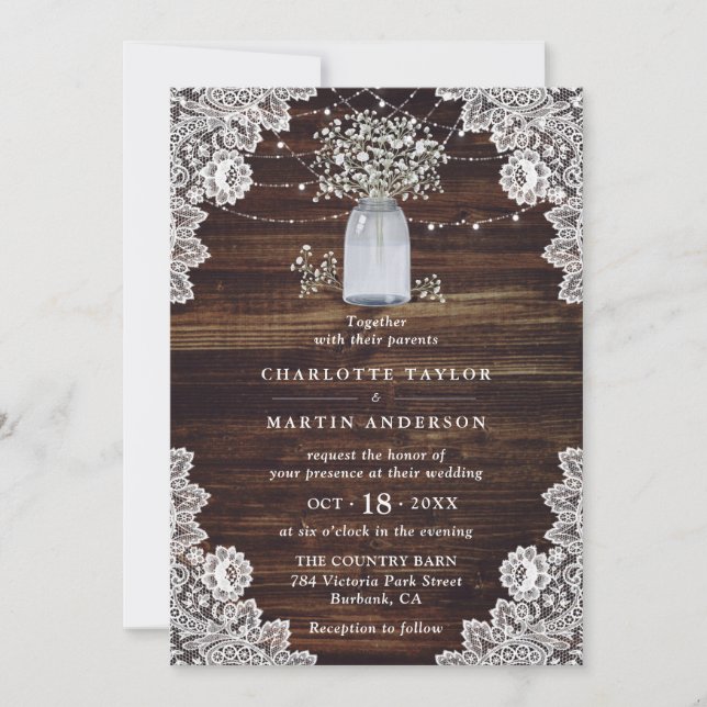 Invitación Boda Mason Jar de Madera Rústica para el Respirar  (Anverso)