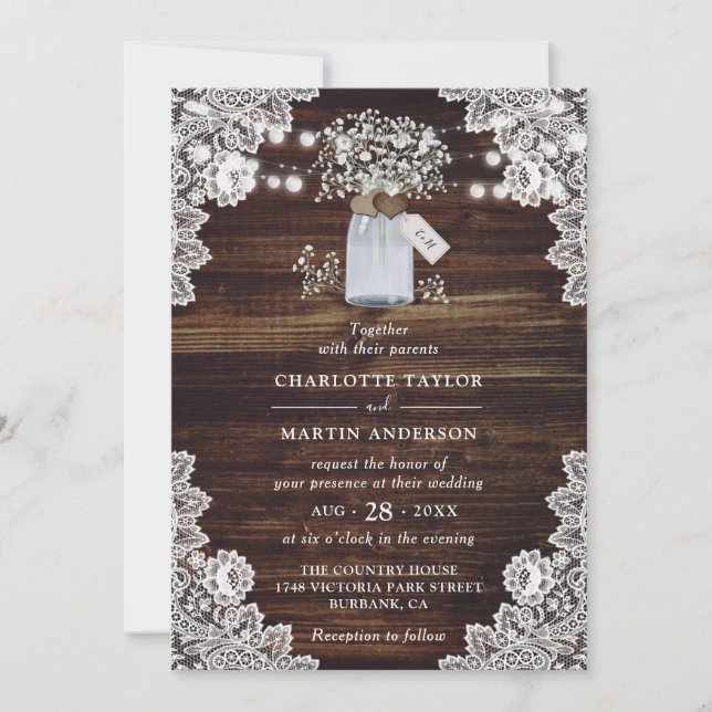 Invitación Boda Mason Jar de Madera Rústica para el Respirar  (Anverso)