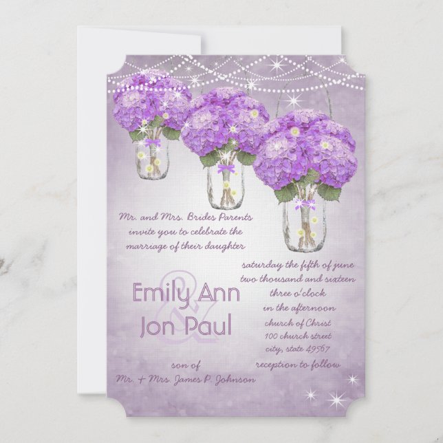 Invitación Boda Mason Jar de radiación morado (Anverso)