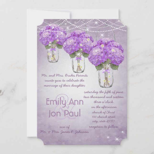 Invitación Boda Mason Jar de radiación morado (Anverso)