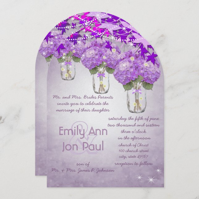 Invitación Boda Mason Jar de radiación morado (Anverso / Reverso)