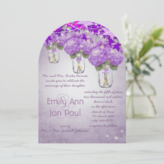 Invitación Boda Mason Jar de radiación morado (Anverso de pie)