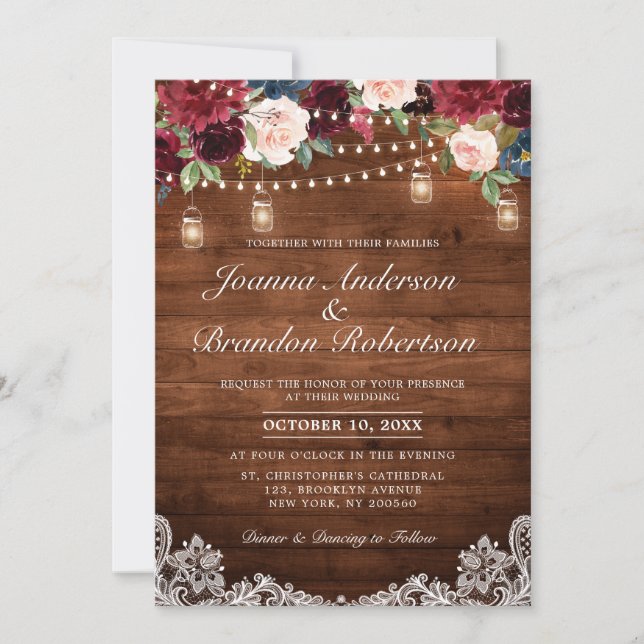 Invitación Boda Mason Jar, floral de borgoña de madera rústic (Anverso)