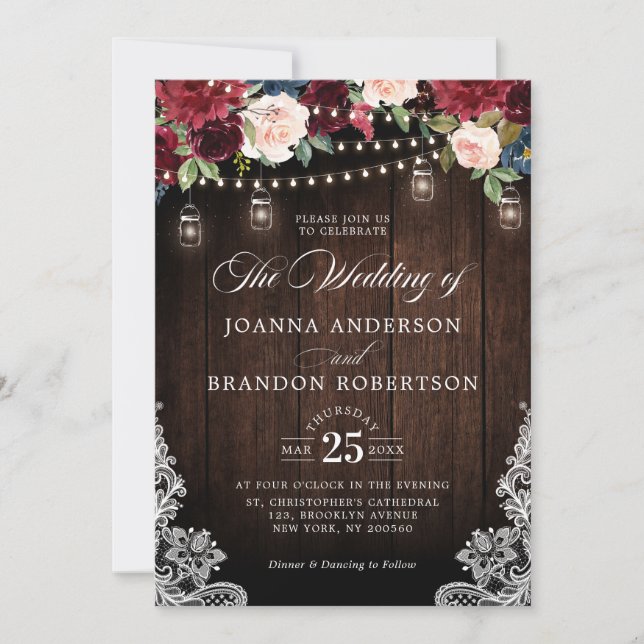Invitación Boda Mason Jar, floral de borgoña de madera rústic (Anverso)
