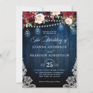Invitación Boda Mason Jar, floral de borgoña de madera rústic