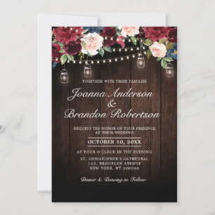 Invitación Boda Mason Jar, floral de borgoña de madera rústic