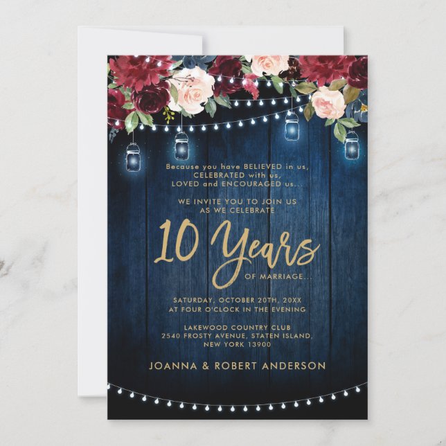 Invitación Boda Mason Jar, floral de borgoña de madera rústic (Anverso)