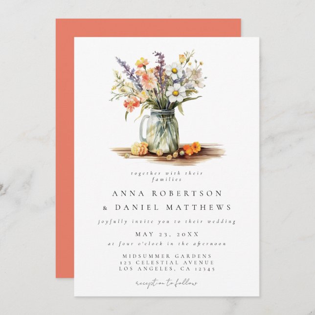 Invitación Boda Mason Jar, floral de verano ruso (Anverso / Reverso)