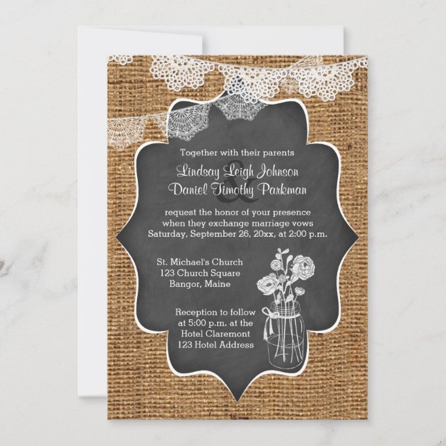 Invitación Boda| Mason Jar, Lace, Burlap| Cartón (Anverso)