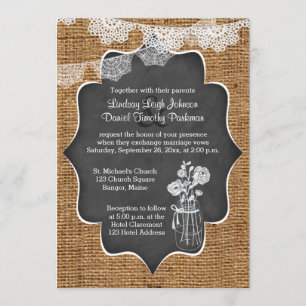 Invitación Boda  Mason Jar, Lace, Burlap  Cartón