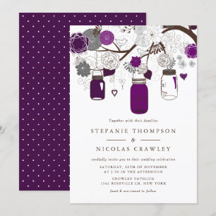 Invitación Boda Mason Jars Colgado Púrpura