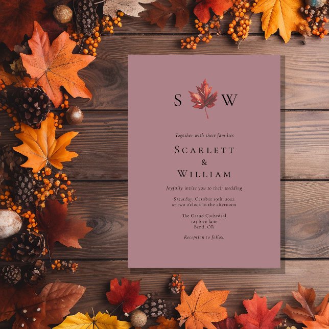 Invitación Boda Mauve Mauve Mauve Mínimo Simple Fall Leaf Mon (Subido por el creador)