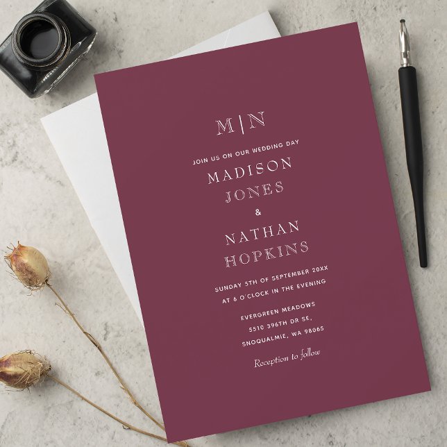 Invitación Boda Mauve Mínimo de Monograma Oscuro (Subido por el creador)