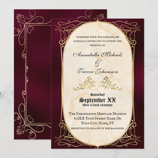 Invitación Boda Medieval Burgundy y Oro (Anverso / Reverso)