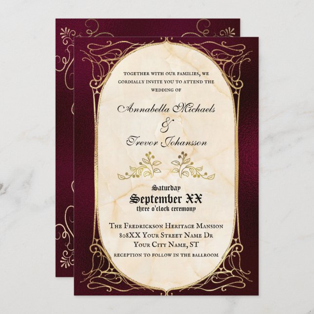 Invitación Boda medieval de Borgoña y Oro (Anverso / Reverso)