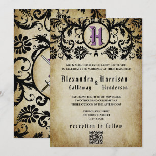 Invitación Boda Medieval Edad Media Damasco Púrpura y Oro