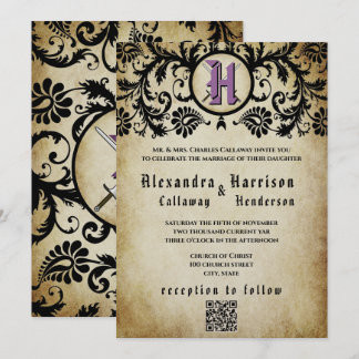 Invitación Boda Medieval Edad Media Damasco Púrpura y Oro 