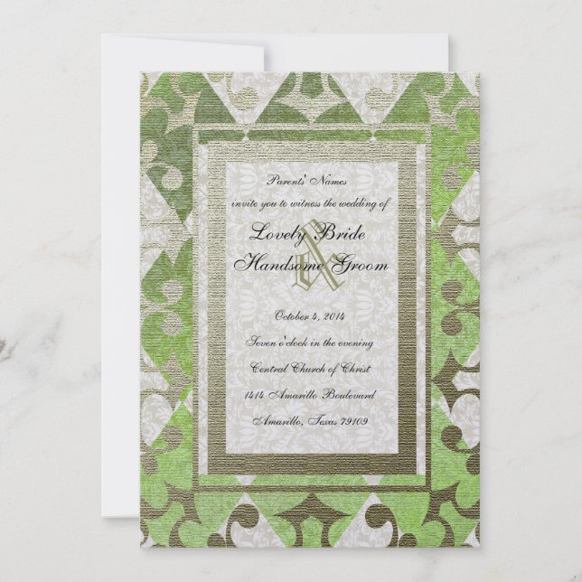 Invitación Boda medieval Fancy Green Gold Harlequin (Anverso)