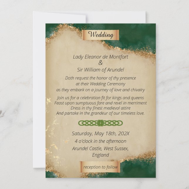Invitación Boda Medieval Gold Green Agate Parchment (Anverso)