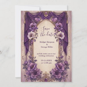 Invitación Boda Medieval Gótica con Arco Drapado Púrpura 