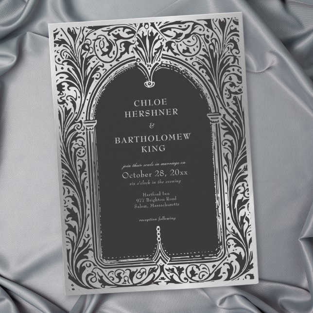 Invitación Boda medieval gótica de plata negra (Gothic Black Silver Medieval Wedding Invitation)