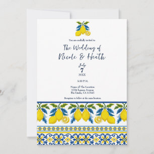 Invitación Boda Mediterránea Acuarela Limón Amarillo Azul