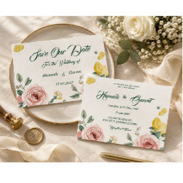 Invitación Boda Mediterránea con Rosa Rosada y Limón