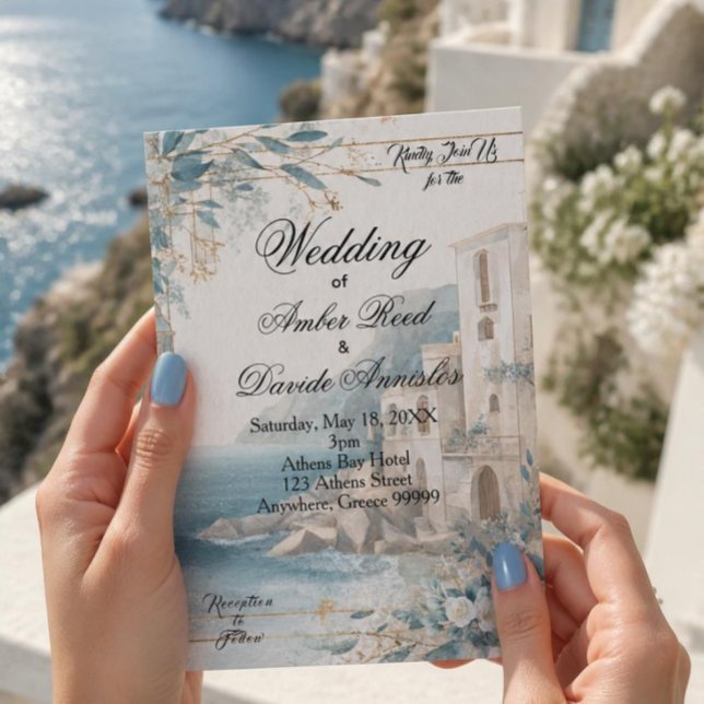 Invitación Boda Mediterránea Costera Azul y Blanco (Subido por el creador)