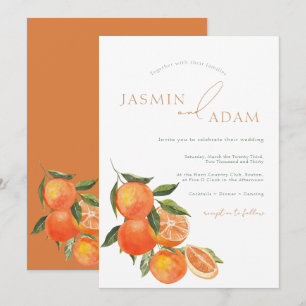 Invitación Boda Mediterránea de Acuarela Naranja Cítrico