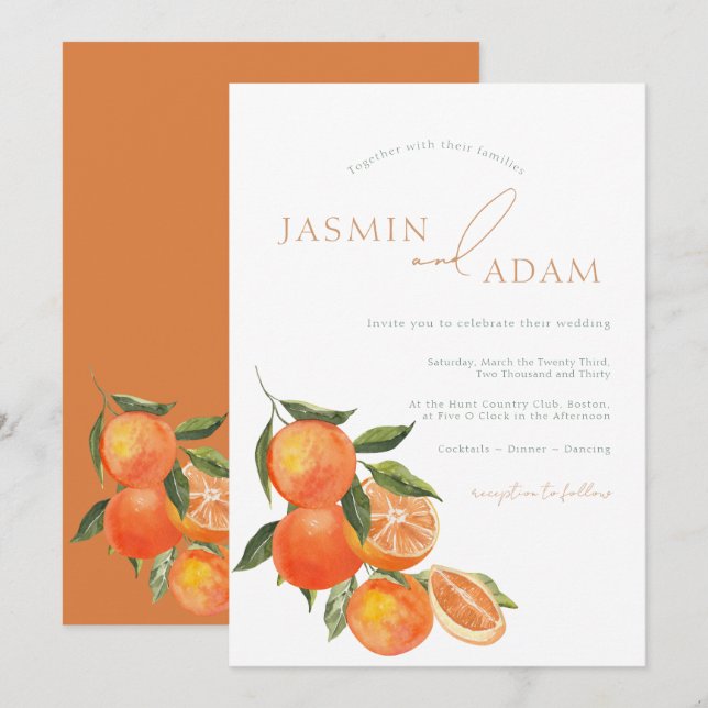 Invitación Boda Mediterránea de Acuarela Naranja Cítrico (Anverso / Reverso)