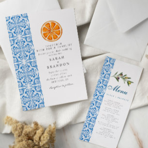 Invitación Boda mediterránea de azulejos azul naranja acuarel