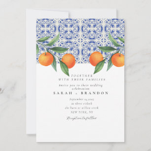 Invitación Boda Mediterránea de azulejos azules naranjas acua